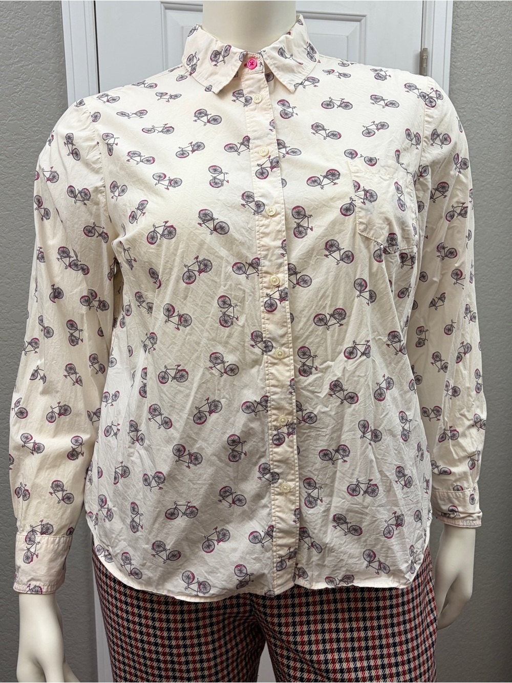Boden Bicycle Print Button Front Shirt 100% Cotton White Pink Size US 18